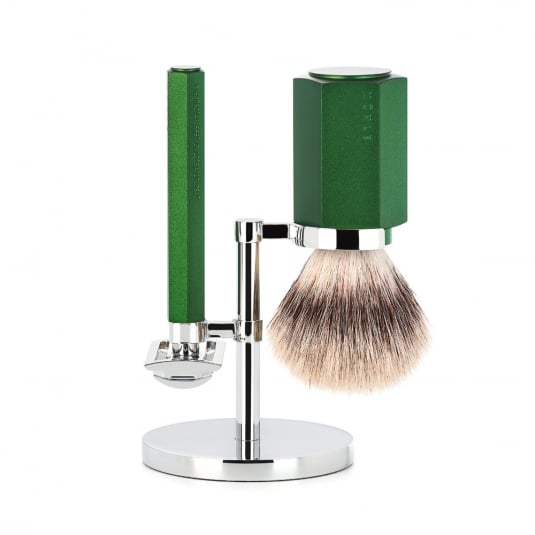 Mühle x Mark Braun Hexagon Barbersett med DE-høvel, Barberkost og holder, Aluminium Forest