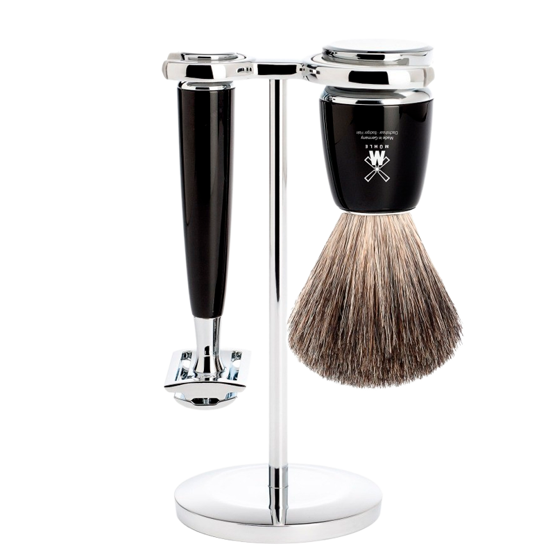 Mühle Rytmo Barbersæt: DE-Skraber, Pure Badger Barberkost og Holder, Sort Resin