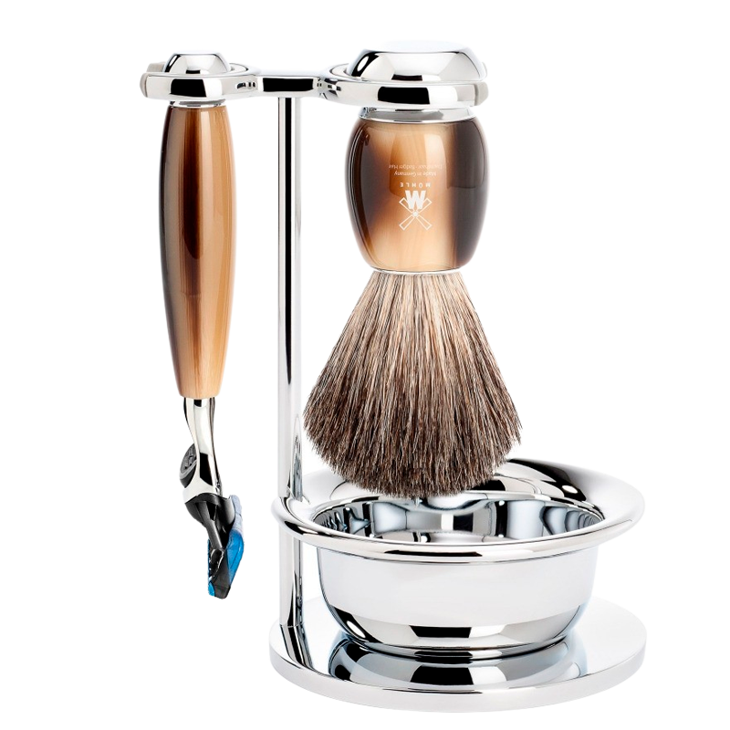 Mühle Vivo Brown Horn Barbersæt: Fusion Skaber, Pure Badger Barberkost, Holder og Skål