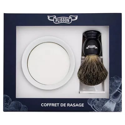 Plisson Startsæt Med Russian Grey Badger Barberkost, Holder og Porcelæns Skål Med Barbersæbe Sort (1 sæt)