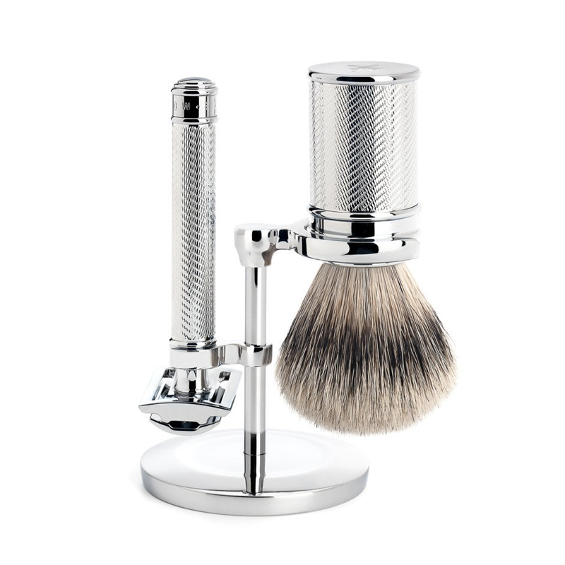 Mühle Traditionel Barbersæt: DE-Skraber, Silvertip Badger Barberkost og Holder, Chrome